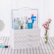 手提透明双开门防尘抽屉式化妆品收纳盒--大号白色（三抽）